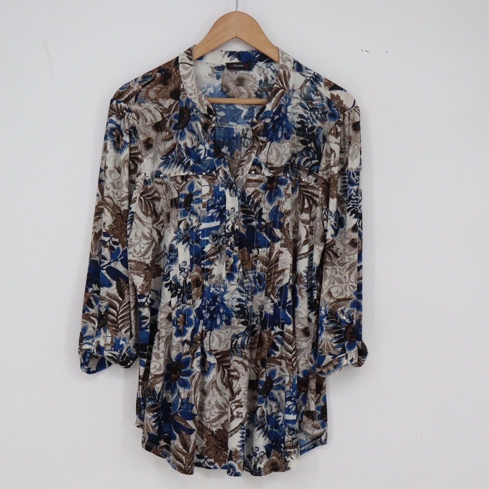 Cocomo Top Womens L Floral Blue Brown Roll Tab Sleeve Pintuck Excellent